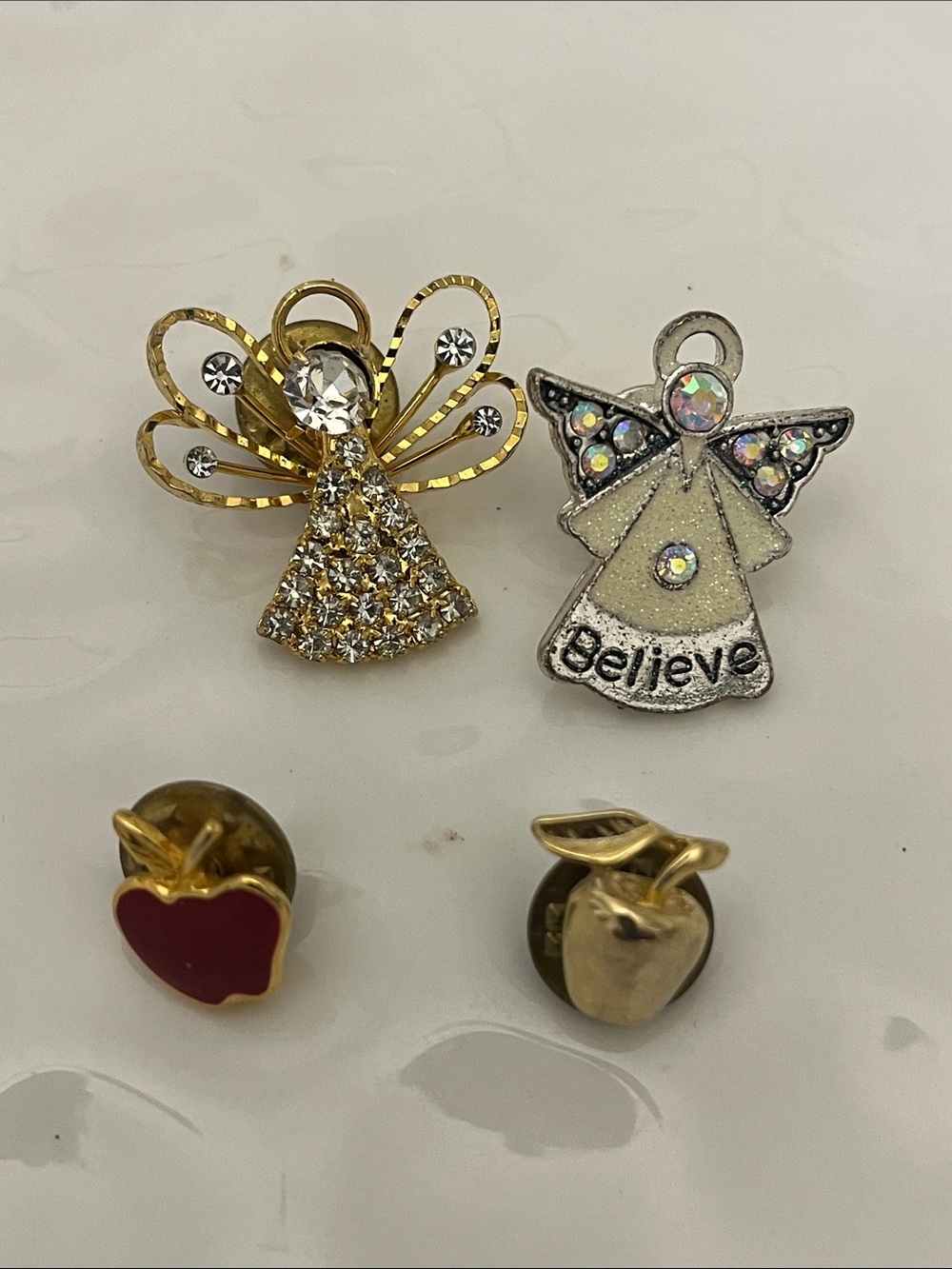Assorted Angel and Apple Pins — Gold, Silver, Red